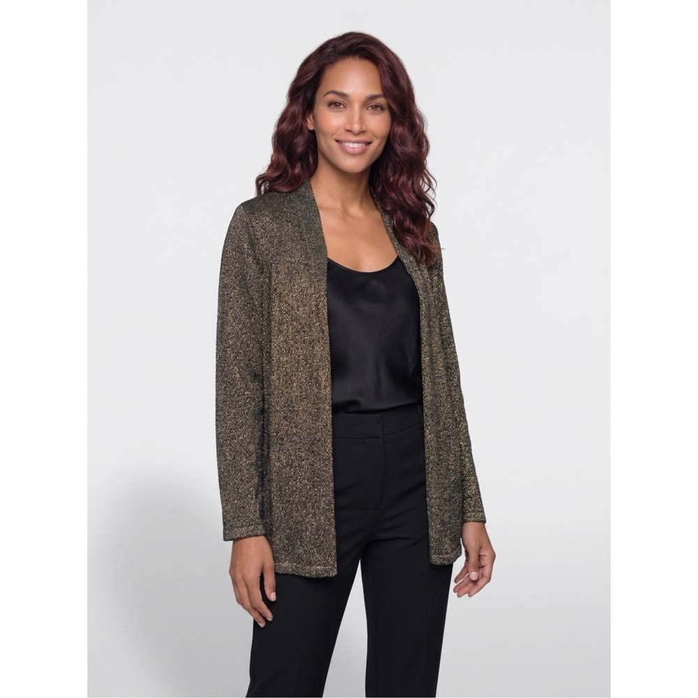Anne Klein Petite Gold Metallic Open Front Cardigan Sweater Black PM New